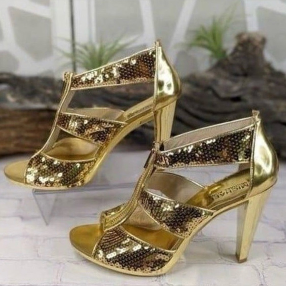 Women’s Gold Sequin Zipper Michael Kors T-Strap High Heels- size 7